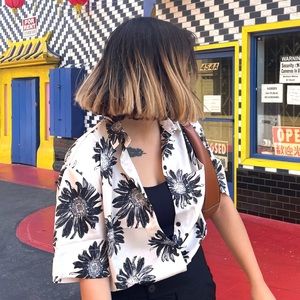 TOPSHOP short sleeve floral shirt in black & white, satin effect